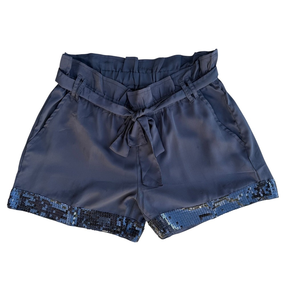 Envy Me Womens Navy Blue Sequin Hem Paperbag Waist Shorts Size M Tie Belt Pocket